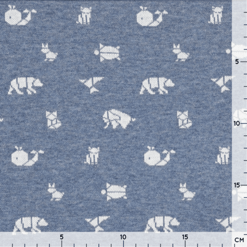 Bio Jaquard Jersey - Jeansblau meliert/ weiß mit Origami Tieren - Design von Huebs.ch