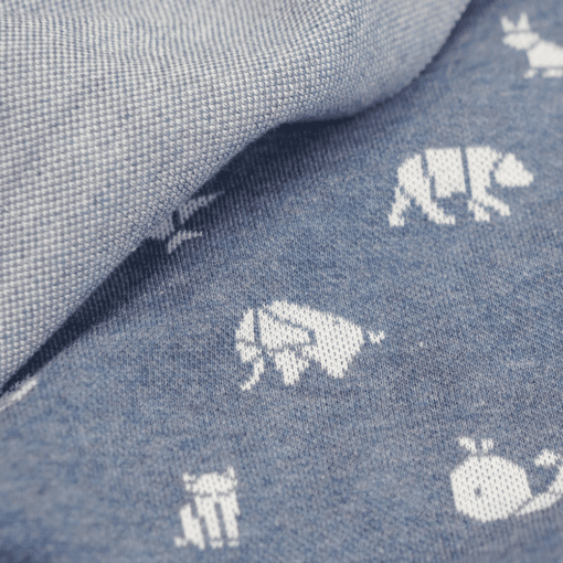 Bio Jaquard Jersey - Jeansblau meliert/ weiß mit Origami Tieren - Design von Huebs.ch