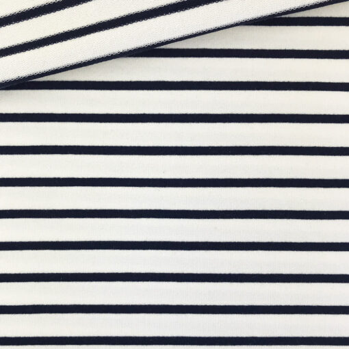 French Terry - dünner Sweatshirtstoff - Cremeweiß/Dunkelblau gestreift