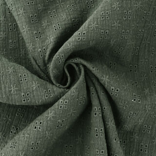 Musselin - Khaki Grün mit Blumen bestickt