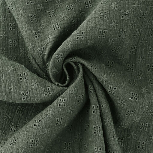 Musselin - Khaki Grün mit Blumen bestickt