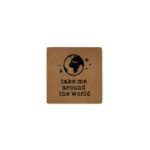 Label "take me around the world" - 35 x 35 mm - Lederbraun