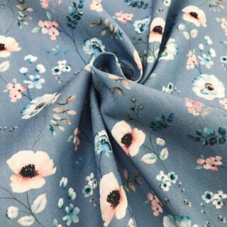 Popeline - Blüten & Blätter - Mittleres Jeansblau