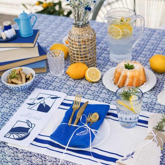 DIY Stoffe Inspiration - gedeckter Tisch - Blau Weiß - Plott Mediterran