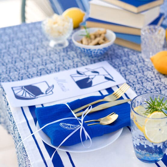 DIY Stoffe Inspiration - gedeckter Tisch - Blau Weiß - Plott Mediterran - Satinband