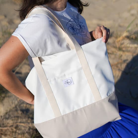 DIY Stoffe Outfit - Stufenrock Stinya - Shirt Finja - Plott - Blau Weiß - Mediterran - Strandtasche