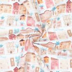 Baumwoll-Dekostoff in Leinenstruktur - Häuser & Palmen - Weiß