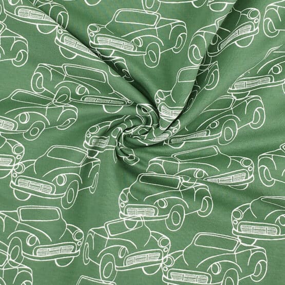 French Terry – leichter Kuschelsweat – Sketched Cars – Leaf Green