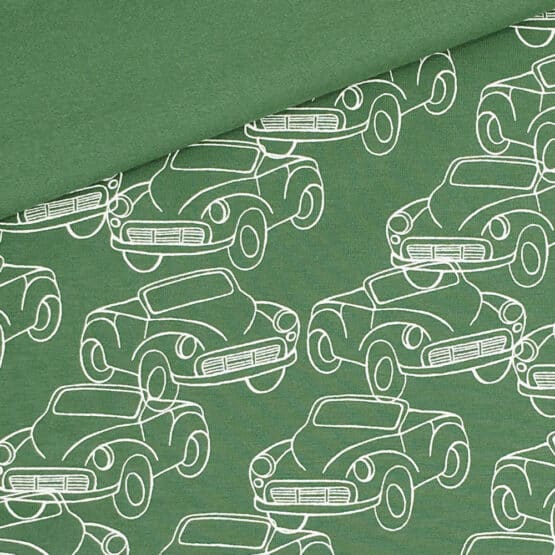 French Terry – leichter Kuschelsweat – Sketched Cars – Leaf Green