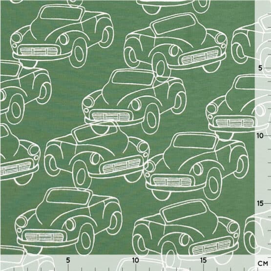 French Terry – leichter Kuschelsweat – Sketched Cars – Leaf Green