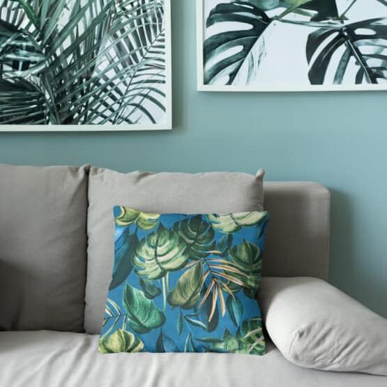 Diy Stoffe Inspiration Mockup Kissen Canvas–tropical Monstera–dunkle Jade