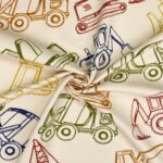 French Terry – Sommersweat – Bunte Baufahrzeuge – Cream Beige