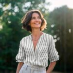 Bluse Musselin - Dunkelblaue Streifen Helles Natur Mu