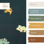 Farbkombi - Regenbekleidungsstoff Wasserdicht Freundliche Dinos Deep Teal