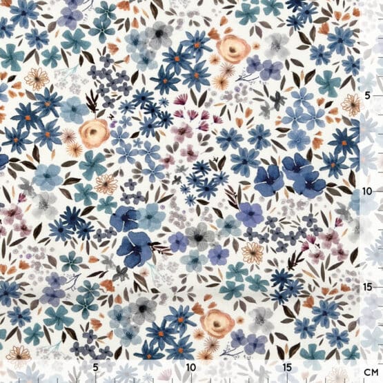 Leichter Baumwollstoff Blumen Blau Beige Weiss 1
