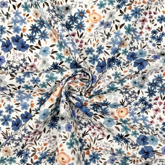 Leichter Baumwollstoff Blumen Blau Beige Weiss 3