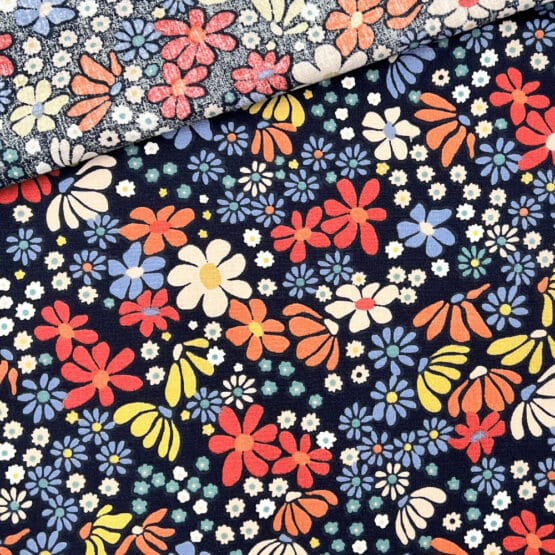 Baumwollstoff Coloured Flowers Navyblau 2