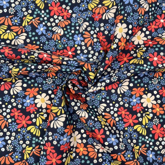 Baumwollstoff Coloured Flowers Navyblau 3