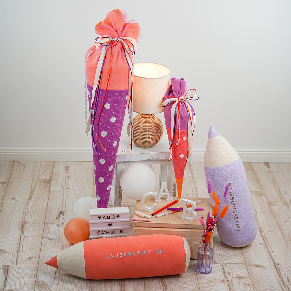 DIY Stoffe Inspiration - Schultüte Coral Cassis - Kissen Stift