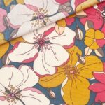Beschichtete Baumwolle – Retro Blumen – Mittleres Jeansblau