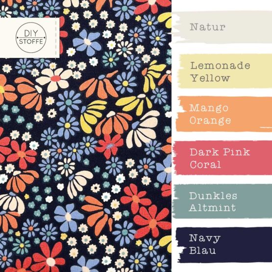 Farbkombi Baumwollstoff Coloured Flowers Navyblau