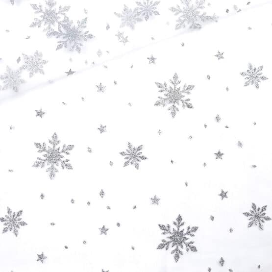 Tuellstoff Weiss Silberglitzer Schneeflocken