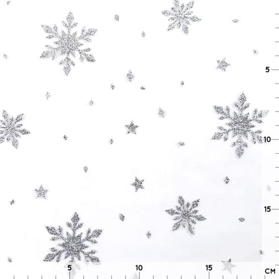 Tuellstoff Weiss Silberglitzer Schneeflocken2