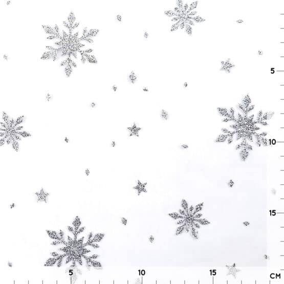 Tuellstoff Weiss Silberglitzer Schneeflocken2
