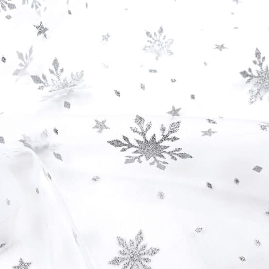 Tuellstoff Weiss Silberglitzer Schneeflocken3