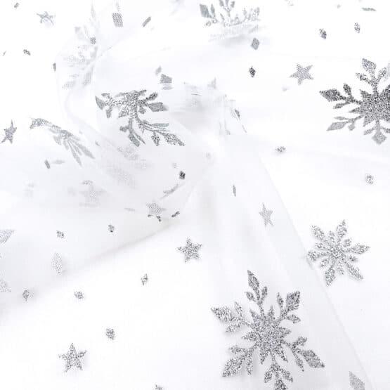 Tuellstoff Weiss Silberglitzer Schneeflocken4
