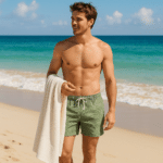 Badeshorts Stoff Palmenblaetter Olivgrün Mu