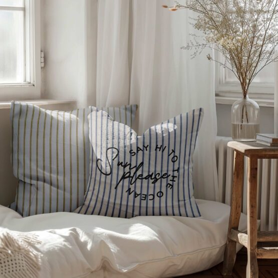 Kissen Cretonne Schmale Streifen Rauchblau Camel Mu