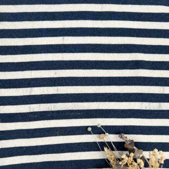 French Terry Leichter Kuschel Natur Sprenkel Jeansblau Gestreift B Ware