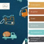 Farbkombi French Terry Leichter Kuschelsweat Trucks Dozer Petrolblau 1