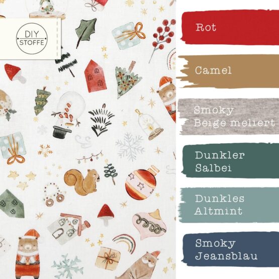 Farbkombi Leichter Baumwollstoff Cute Christmas Elements Weiss