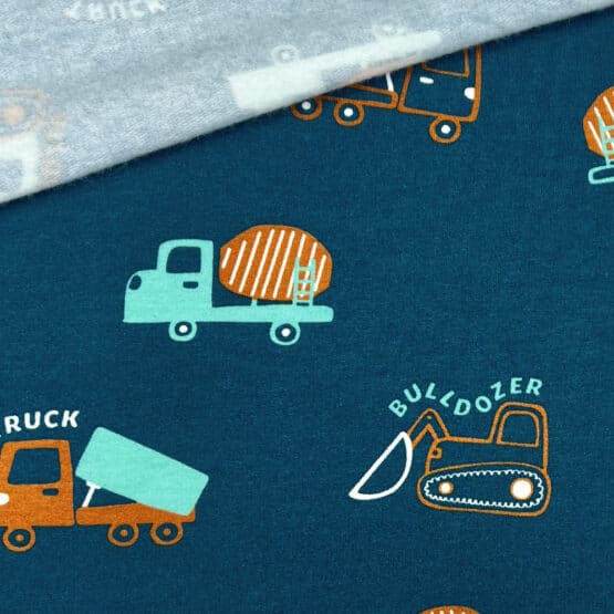 French Terry Leichter Kuschelsweat Trucks Dozer Petrolblau 2