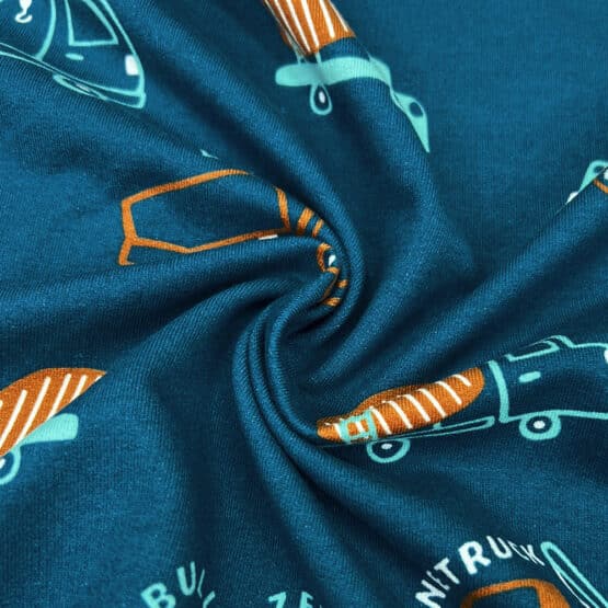 French Terry Leichter Kuschelsweat Trucks Dozer Petrolblau 3