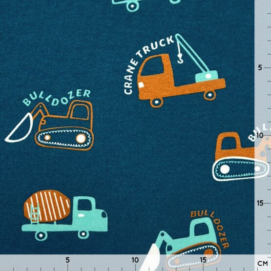 French Terry Leichter Kuschelsweat Trucks Dozer Petrolblau