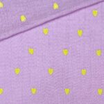 Musselin – gestickte Herzen – Lavendel/Neongelb