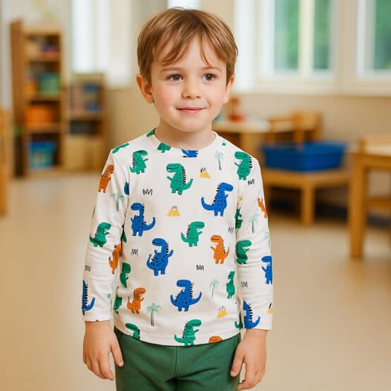 Shirt Junge Single Jersey Funny Colorful Dinosaurs Warmweiß Ki