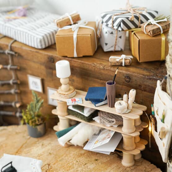 DIY Wichtelwelt - Holzperle - Kartons - Mini Spule - Organizer - Postkarte