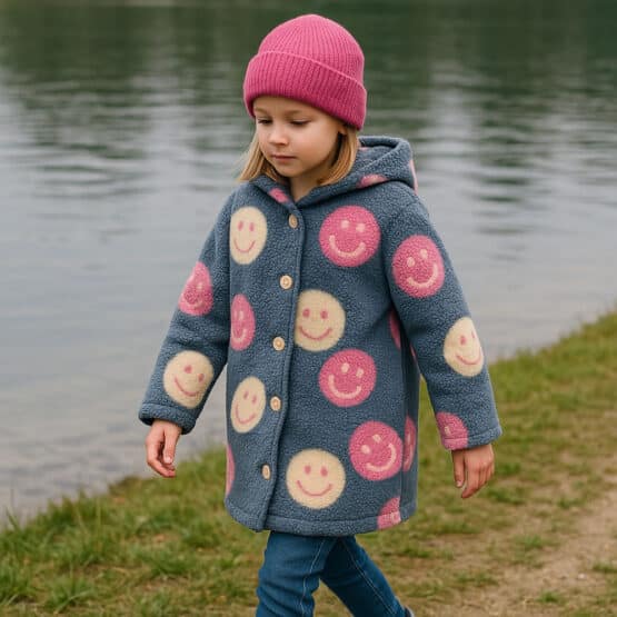 Mantel Mika Teddyfleece Smiley Faces Grey Blue Ki