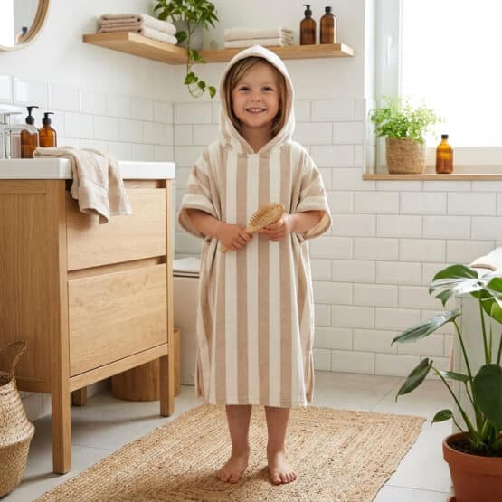 Badeponcho Frottee Jersey Breite Streifen Cremeweiß Sand Beige Ki