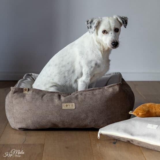 DIY Stoffe Inspiration - Hundekörbchen - Tierbett - Tierkörbchen - Animal - Katzenkörbchen - Velour Deko Dunkles Smoky Beige - Label