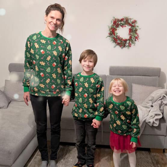 Diy Stoffe Outfit 580w Sweater Partnerlook Weihnachten Alpenfleece Happy Gingerbread Dunkles Gruen