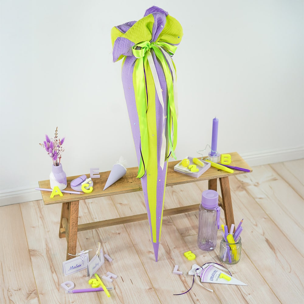 Diy Stoffe Inspiration 596x Schultuete Streifen Lavendel Gelb Silikonform Vase Buchstaben Untersetzer Bastelvorlage