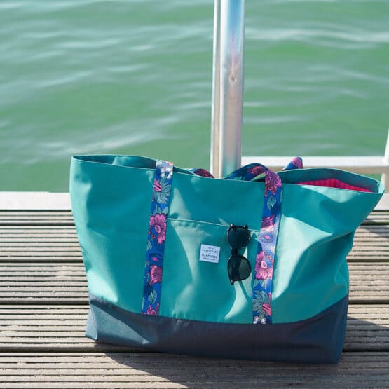 DIY Stoffe Inspiration - Strandtasche XL - Aquamarin Outdoor - Gurtband - Label