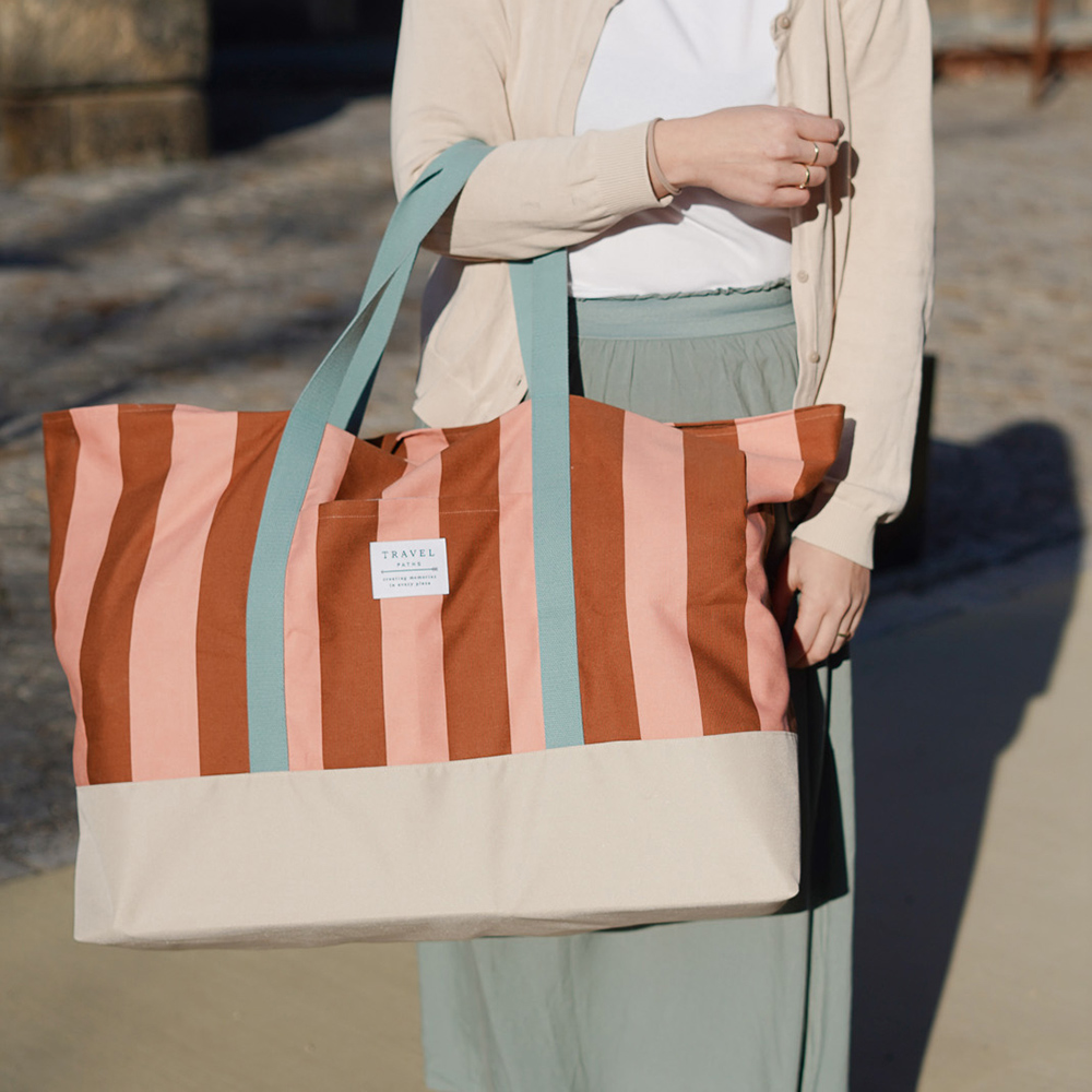 Diy Stoffe Inspiration 606r Strandtasche Xl Streifen Coral Caramel Outdoor Canvas Gurtband Label