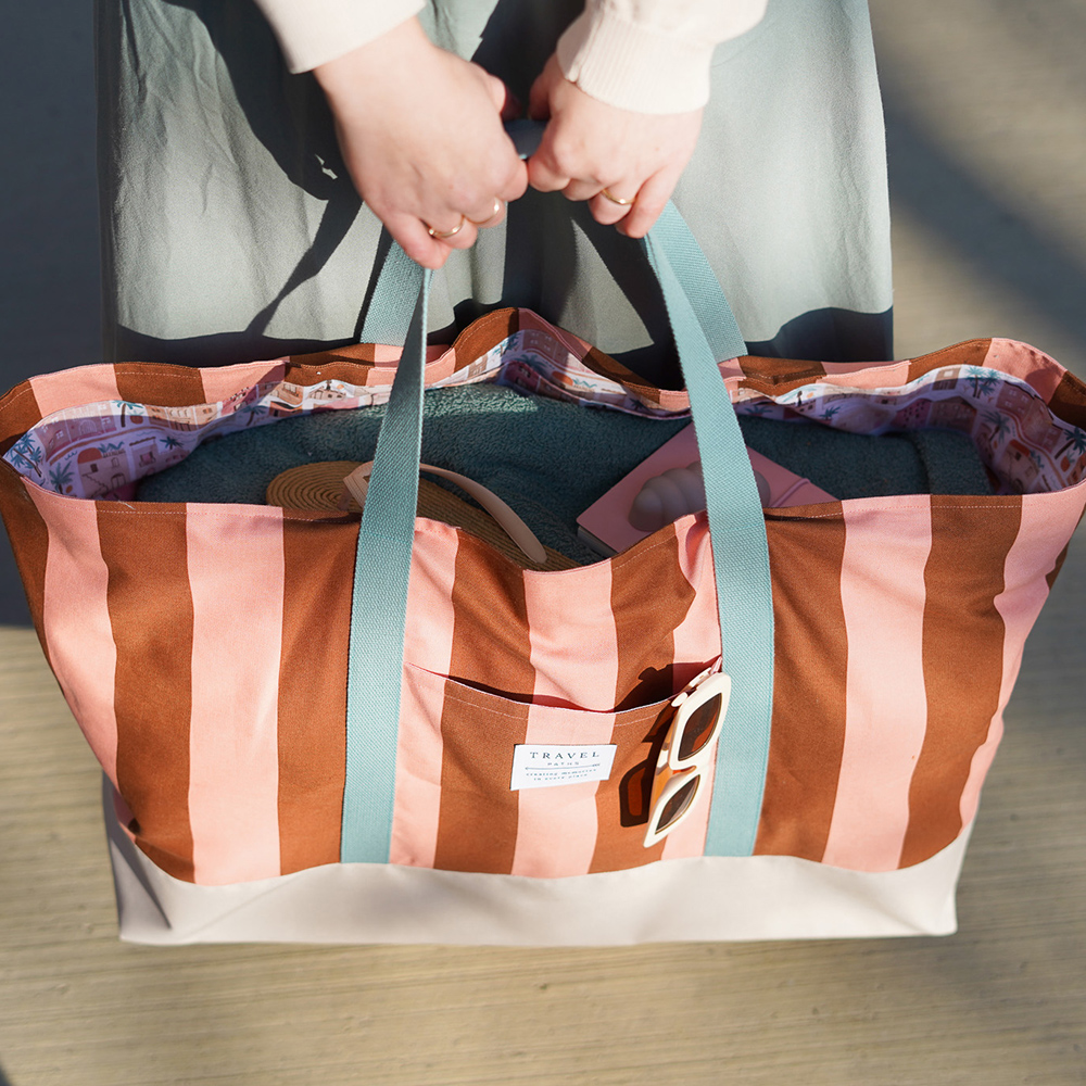 Diy Stoffe Inspiration 607k Strandtasche Xl Streifen Coral Caramel Outdoor Canvas Gurtband Label