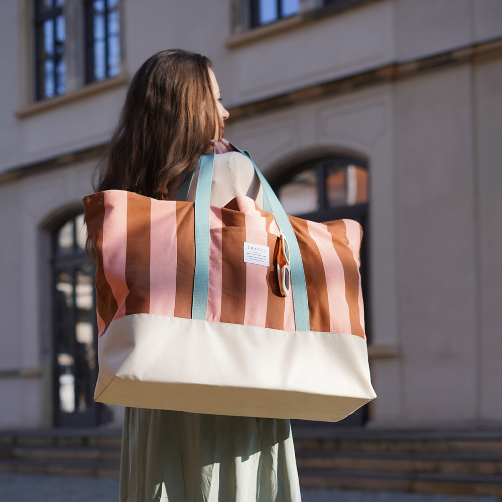 Diy Stoffe Inspiration 607l Strandtasche Xl Streifen Coral Caramel Outdoor Canvas Gurtband Label